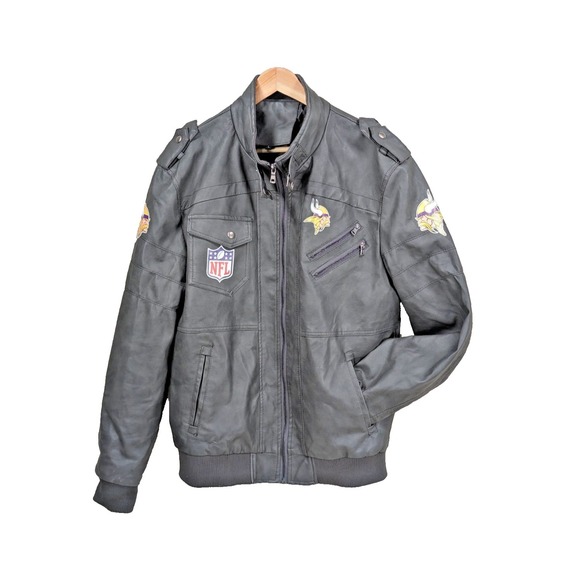 The Unbranded Brand Jackets & Blazers - Minnesota Vikings NFL Faux Leather Moto Jacket Size Large Team Logos Zip Pockets